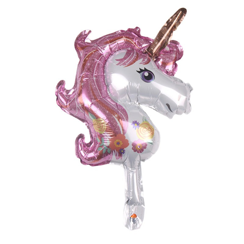 Balon din Folie Metalizata, Flippy, Figurine Animăluțe, Model Unicorn, 30 cm, Ambalaj Individual, Pai Inclus, Roz-0