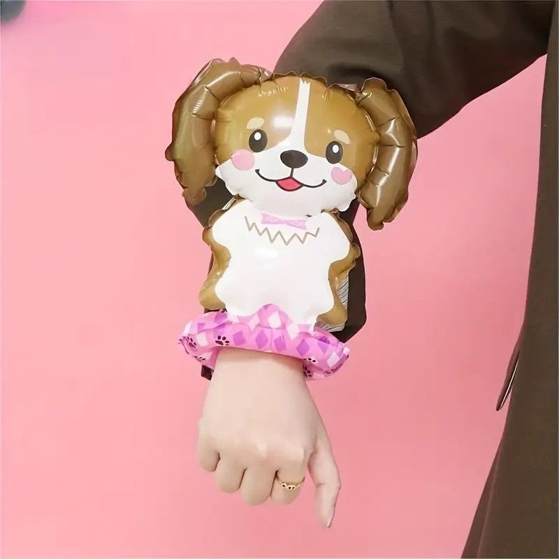 Balon din Folie Metalizata, Flippy, Figurine Animalute, Tip Bratara, Model Catel, 13 x 35 cm, Ambalaj Individual, Pai Inclus, Umflare cu Aer sau Heliu, Maro-1