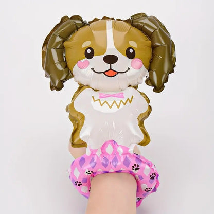 Balon din Folie Metalizata, Flippy, Figurine Animalute, Tip Bratara, Model Catel, 13 x 35 cm, Ambalaj Individual, Pai Inclus, Umflare cu Aer sau Heliu, Maro-2