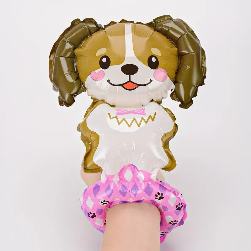 Balon din Folie Metalizata, Flippy, Figurine Animalute, Tip Bratara, Model Catel, 13 x 35 cm, Ambalaj Individual, Pai Inclus, Umflare cu Aer sau Heliu, Maro-2