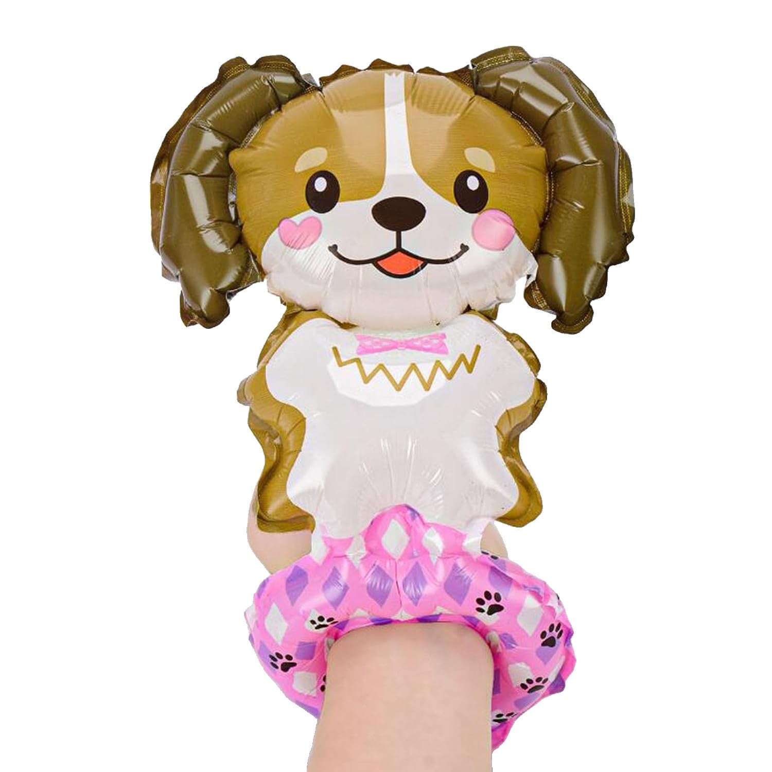 Balon din Folie Metalizata, Flippy, Figurine Animalute, Tip Bratara, Model Catel, 13 x 35 cm, Ambalaj Individual, Pai Inclus, Umflare cu Aer sau Heliu, Maro-0