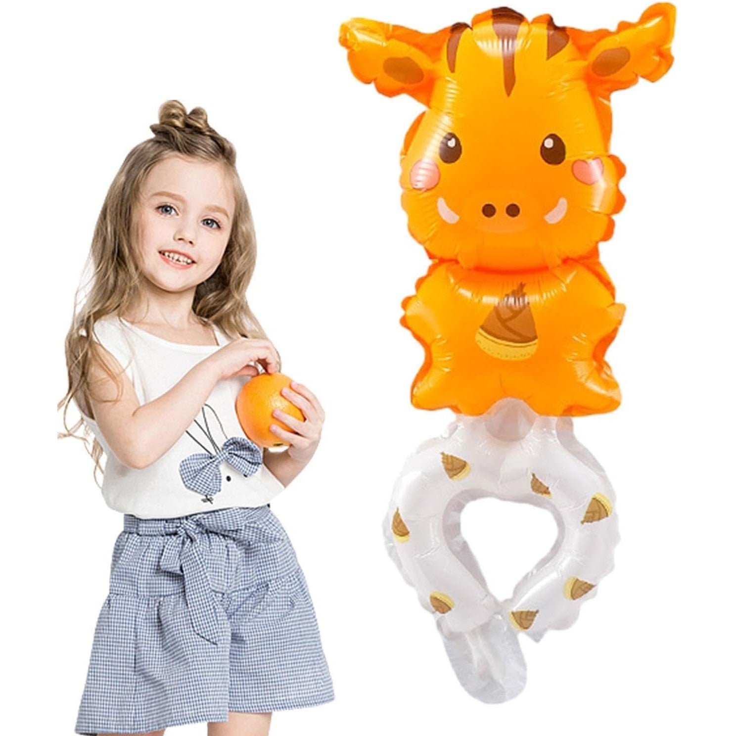 Balon din Folie Metalizata, Flippy, Figurine Animalute, Tip Bratara, Model Girafa, 13 x 35 cm, Ambalaj Individual, Pai Inclus, Umflare cu Aer sau Heliu, Maro-3