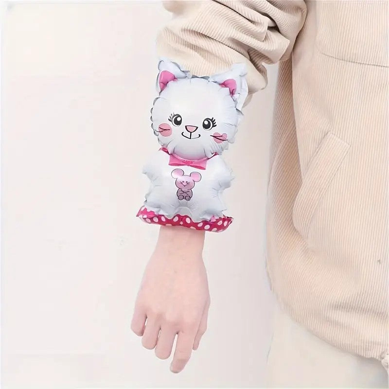 Balon din Folie Metalizata, Flippy, Figurine Animalute, Tip Bratara, Model Pisica, 13 x 35 cm, Ambalaj Individual, Pai Inclus, Umflare cu Aer sau Heliu, Alb-1