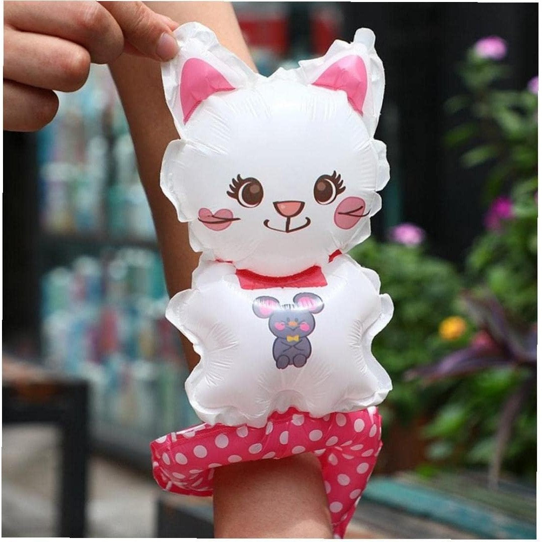 Balon din Folie Metalizata, Flippy, Figurine Animalute, Tip Bratara, Model Pisica, 13 x 35 cm, Ambalaj Individual, Pai Inclus, Umflare cu Aer sau Heliu, Alb-3