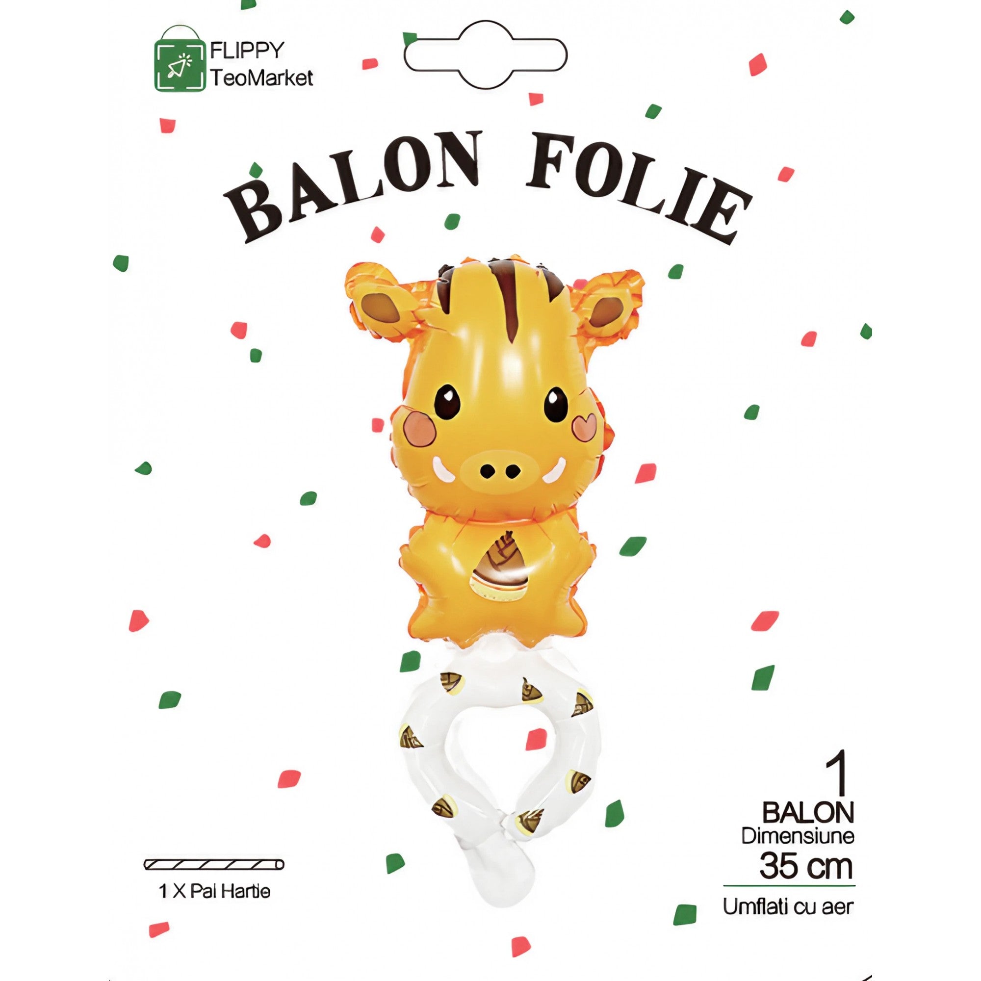Balon din Folie Metalizata, Flippy, Figurine Animalute, Tip Bratara, Model Girafa, 13 x 35 cm, Ambalaj Individual, Pai Inclus, Umflare cu Aer sau Heliu, Maro-5