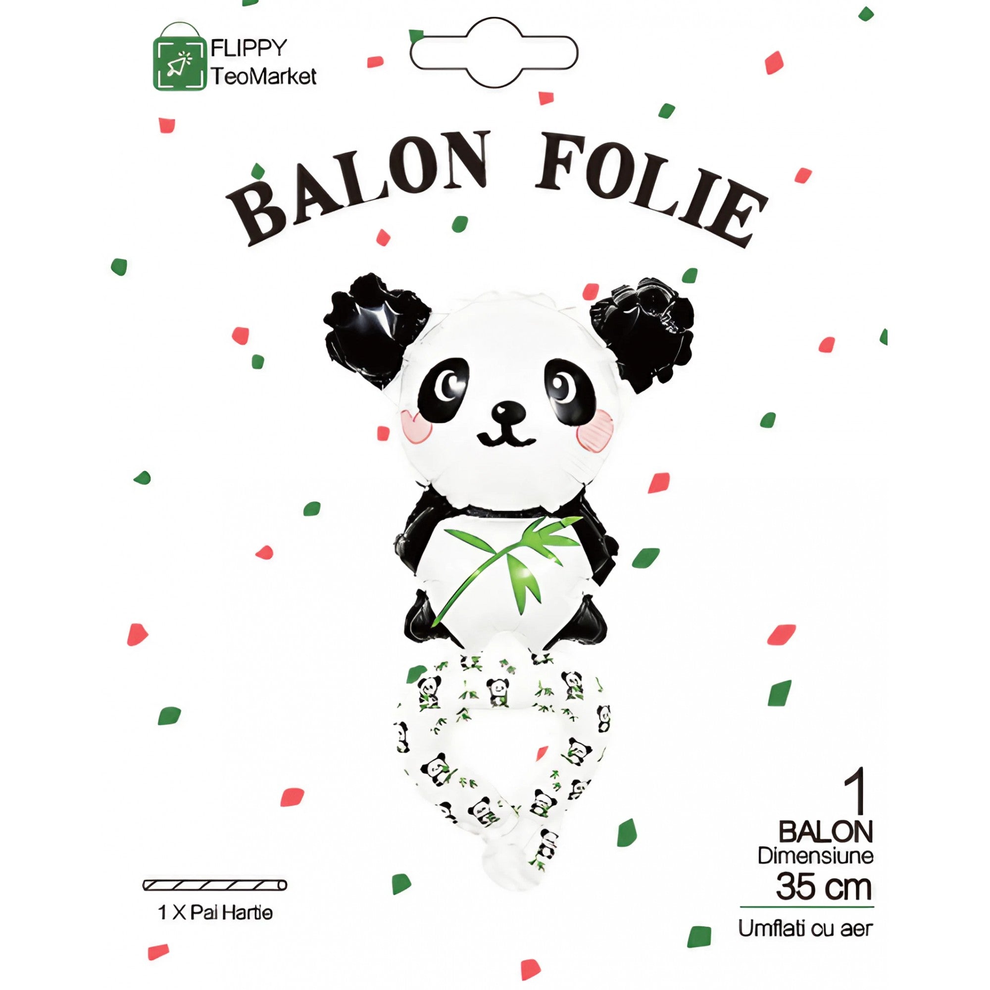Balon din Folie Metalizata, Flippy, Figurine Animalute, Tip Bratara, Model Panda, 13 x 35 cm, Ambalaj Individual, Pai Inclus, Umflare cu Aer sau Heliu, Alb/Negru-5