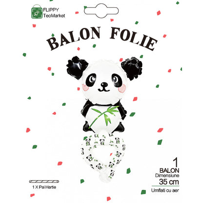 Balon din Folie Metalizata, Flippy, Figurine Animalute, Tip Bratara, Model Panda, 13 x 35 cm, Ambalaj Individual, Pai Inclus, Umflare cu Aer sau Heliu, Alb/Negru-5