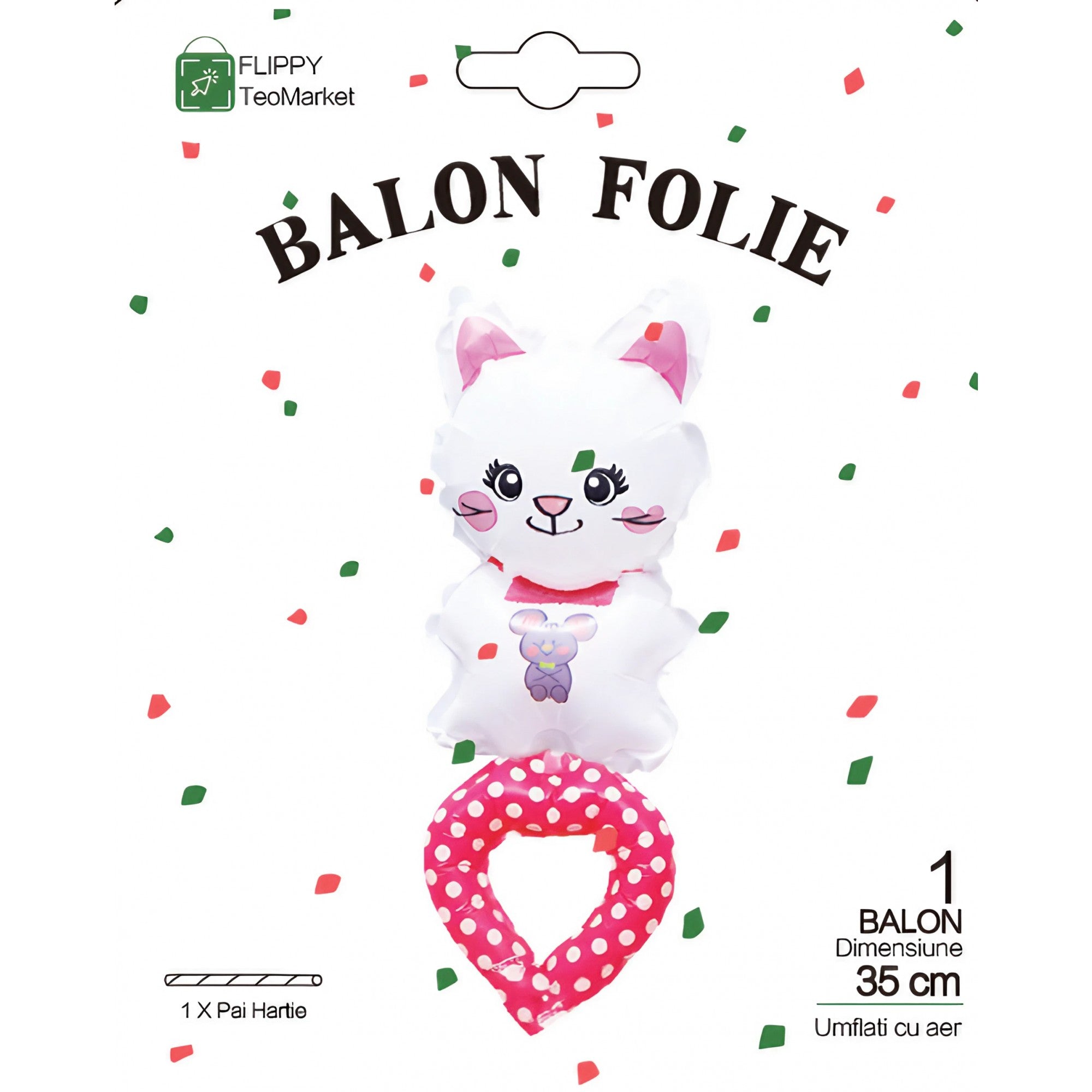 Balon din Folie Metalizata, Flippy, Figurine Animalute, Tip Bratara, Model Pisica, 13 x 35 cm, Ambalaj Individual, Pai Inclus, Umflare cu Aer sau Heliu, Alb-5