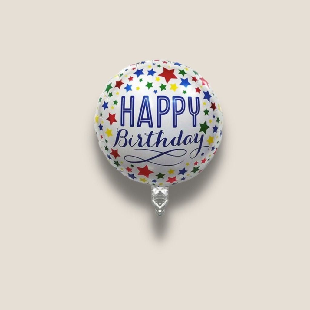 Balon din Folie Metalizata, Flippy, Mini Figurina Rotunda, Model Happy Birthday, Tema Aniversare, 45 cm, Ambalaj Individual, Pai inclus, Umflare cu Aer sau Heliu, Multicolor-1