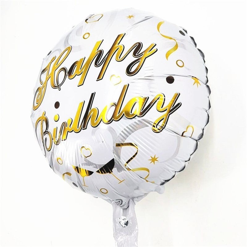 Balon din Folie Metalizata, Flippy, Mini Figurina Rotunda, Model Happy Birthday, Tema Aniversare, 45 cm, Ambalaj Individual, Pai inclus, Umflare cu Aer sau Heliu, Argintiu-1