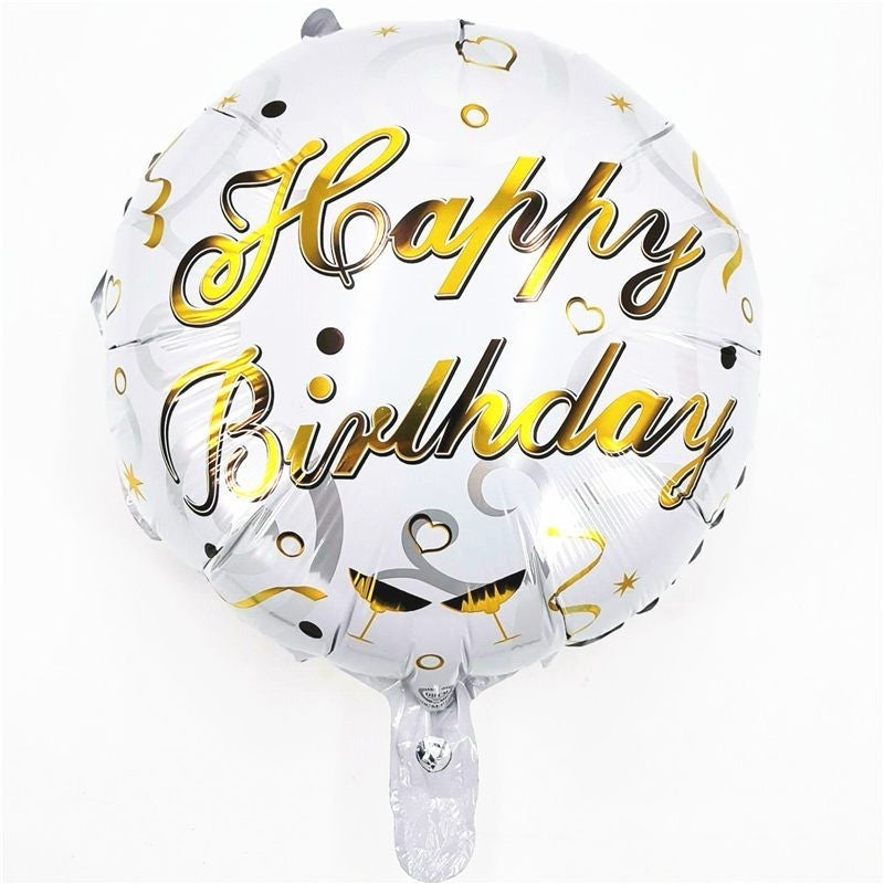 Balon din Folie Metalizata, Flippy, Mini Figurina Rotunda, Model Happy Birthday, Tema Aniversare, 45 cm, Ambalaj Individual, Pai inclus, Umflare cu Aer sau Heliu, Argintiu-0