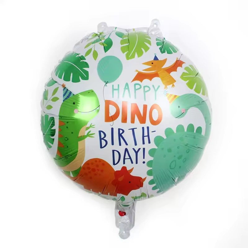 Balon din Folie Metalizata, Flippy, Mini Figurina Rotunda, Model Happy Birthday cu Dinozauri, Tema Aniversare, 45 cm, Ambalaj Individual, Pai inclus, Umflare cu Aer sau Heliu, Multicolor-1