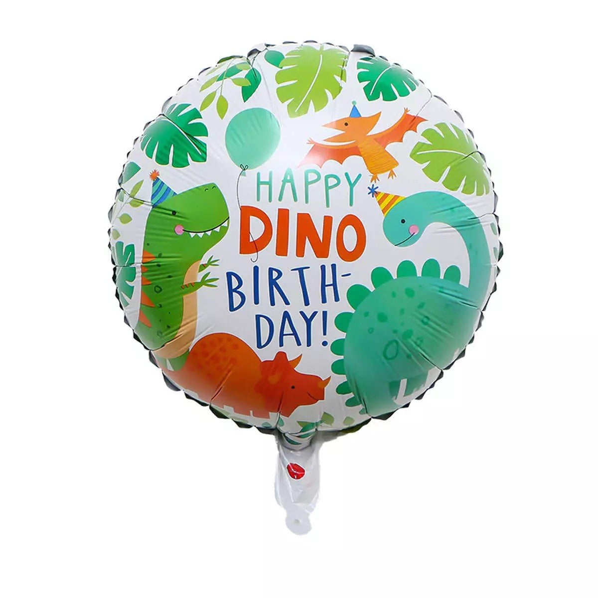 Balon din Folie Metalizata, Flippy, Mini Figurina Rotunda, Model Happy Birthday cu Dinozauri, Tema Aniversare, 45 cm, Ambalaj Individual, Pai inclus, Umflare cu Aer sau Heliu, Multicolor-0