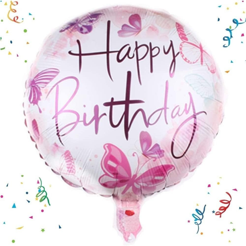Balon din Folie Metalizata, Flippy, Mini Figurina Rotunda, Model Happy Birthday Fluturasi, Tema Aniversare, 45 cm, Ambalaj Individual, Pai inclus, Umflare cu Aer sau Heliu, Roz-1