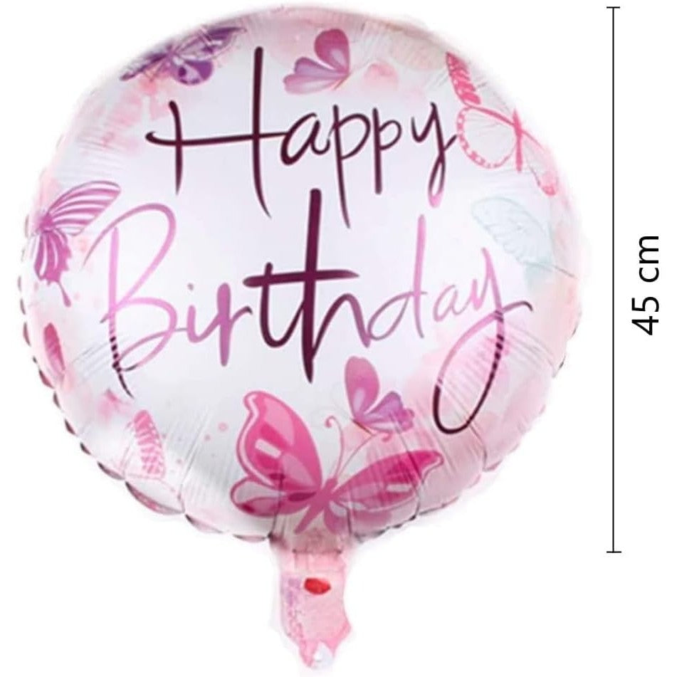 Balon din Folie Metalizata, Flippy, Mini Figurina Rotunda, Model Happy Birthday Fluturasi, Tema Aniversare, 45 cm, Ambalaj Individual, Pai inclus, Umflare cu Aer sau Heliu, Roz-2