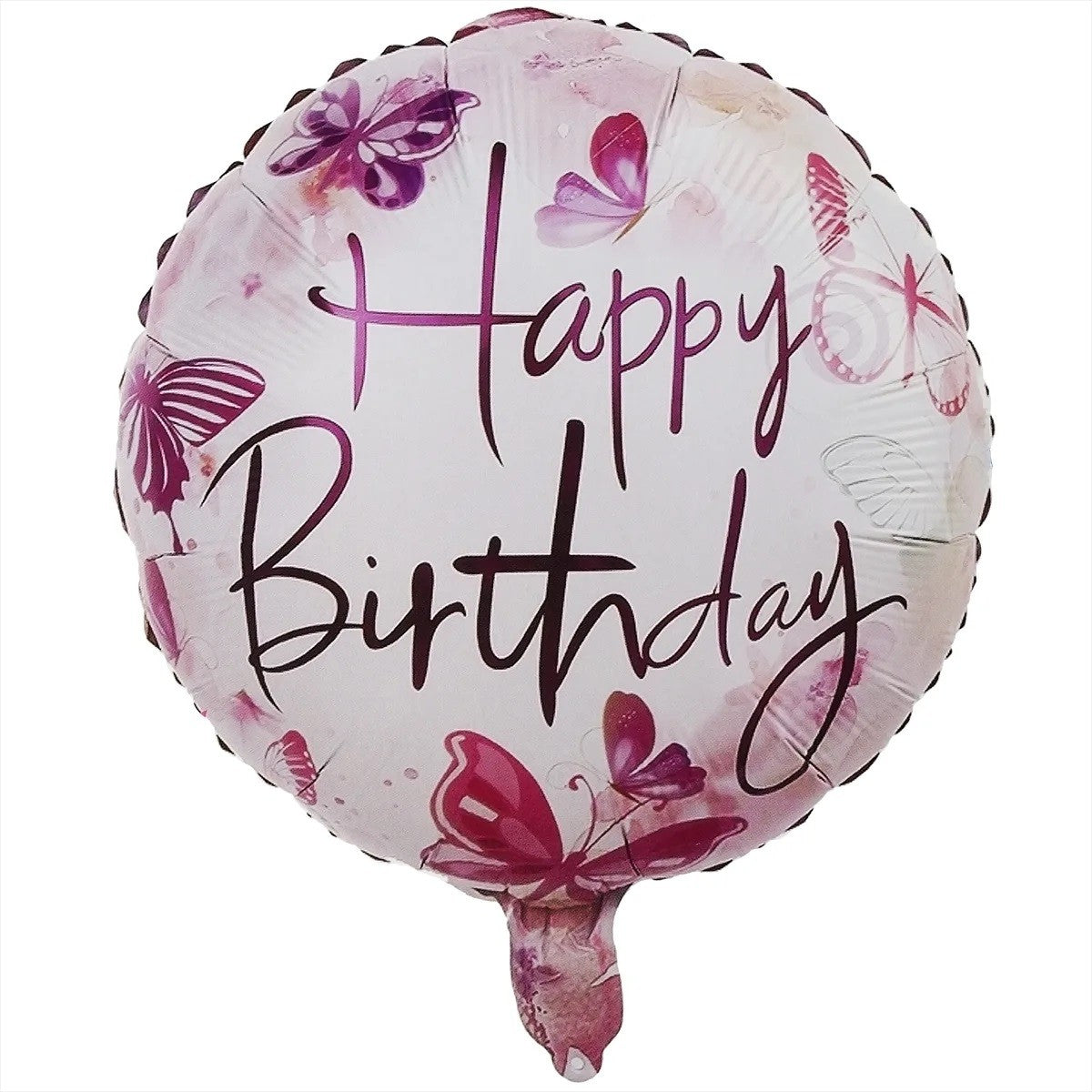 Balon din Folie Metalizata, Flippy, Mini Figurina Rotunda, Model Happy Birthday Fluturasi, Tema Aniversare, 45 cm, Ambalaj Individual, Pai inclus, Umflare cu Aer sau Heliu, Roz-0