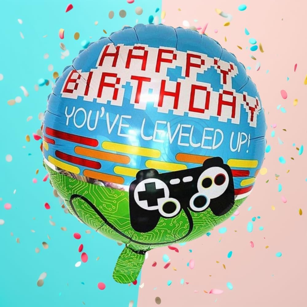 Balon din Folie Metalizata, Flippy, Mini Figurina Rotunda, Model Happy Birthday Gamer, Tema Aniversare, 45 cm, Ambalaj Individual, Pai inclus, Umflare cu Aer sau Heliu, Albastru-1