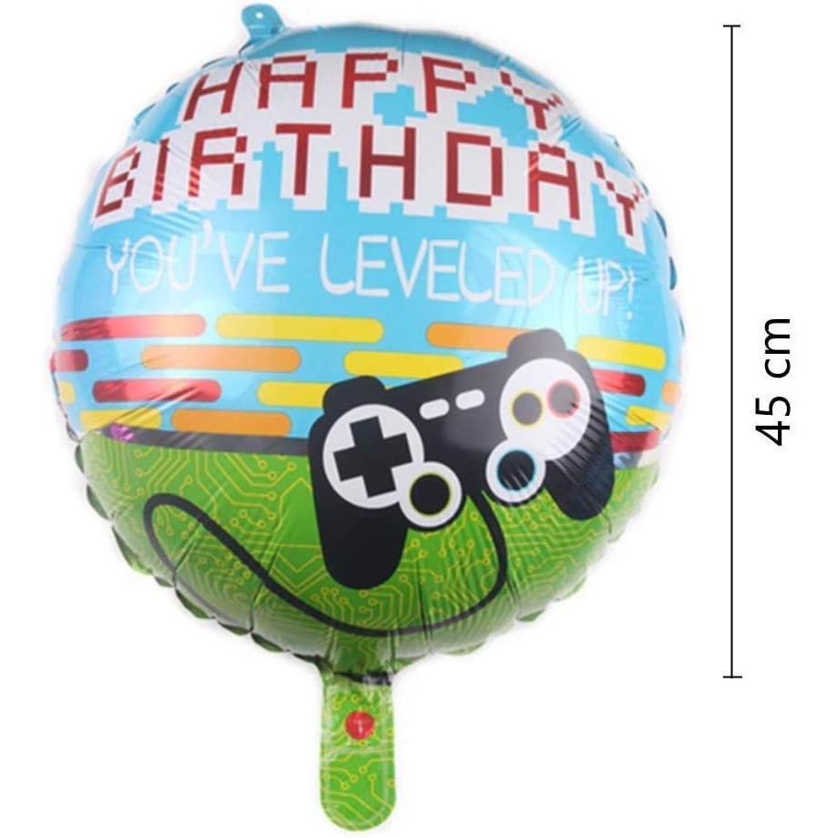 Balon din Folie Metalizata, Flippy, Mini Figurina Rotunda, Model Happy Birthday Gamer, Tema Aniversare, 45 cm, Ambalaj Individual, Pai inclus, Umflare cu Aer sau Heliu, Albastru-2