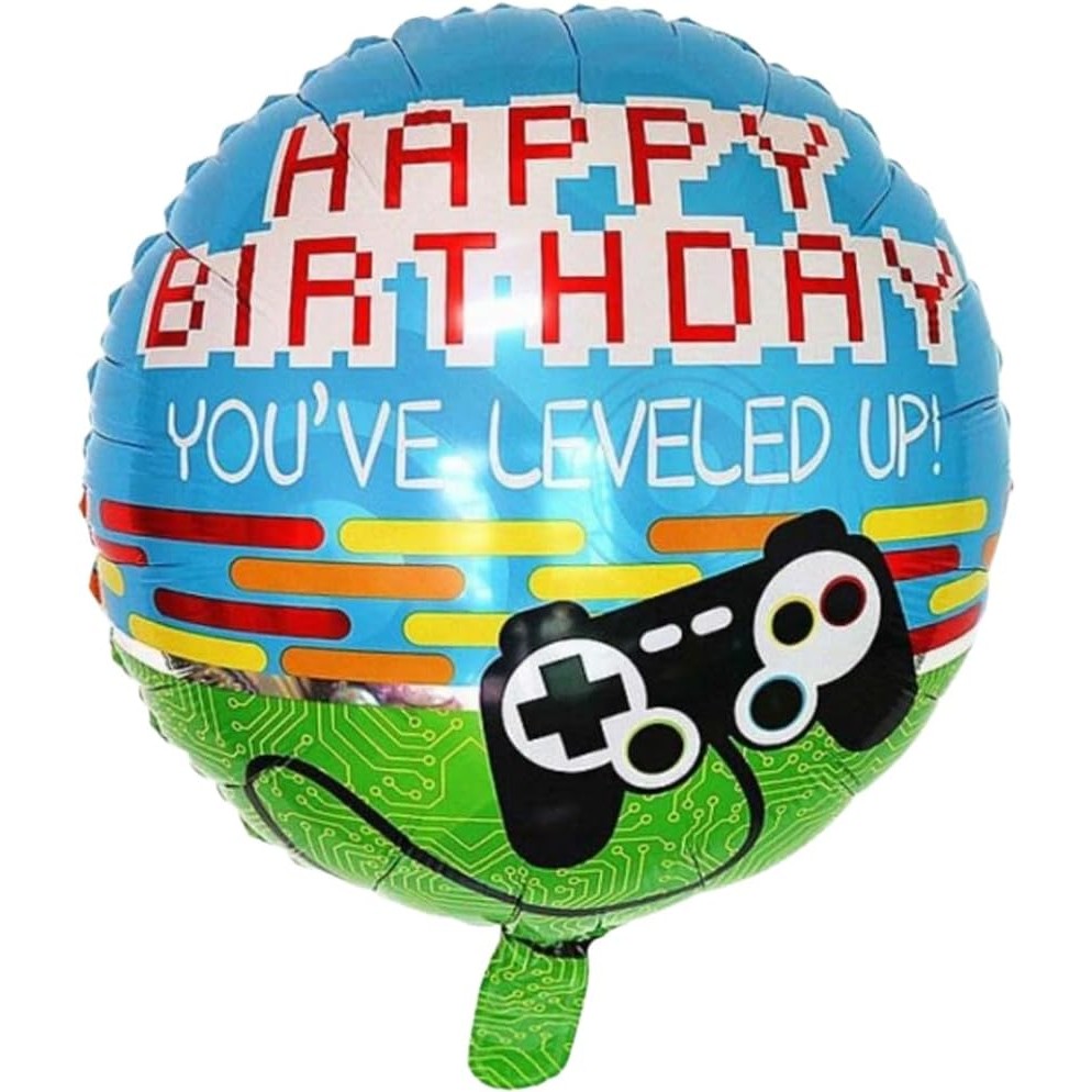 Balon din Folie Metalizata, Flippy, Mini Figurina Rotunda, Model Happy Birthday Gamer, Tema Aniversare, 45 cm, Ambalaj Individual, Pai inclus, Umflare cu Aer sau Heliu, Albastru-0