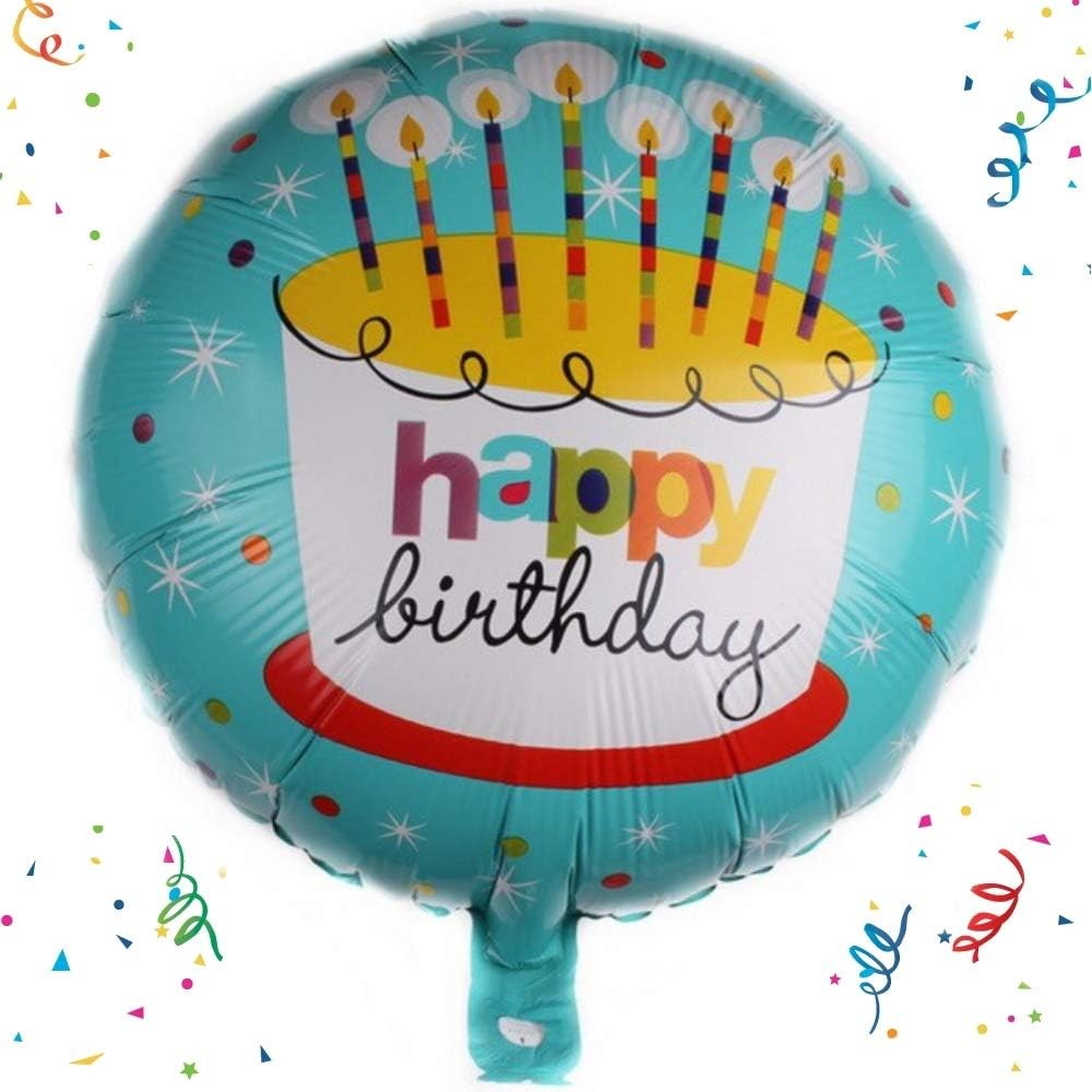 Balon din Folie Metalizata, Flippy, Mini Figurina Rotunda, Model Happy Birthday Tort, Tema Aniversare, 45 cm, Ambalaj Individual, Pai inclus, Umflare cu Aer sau Heliu, Albastru-1