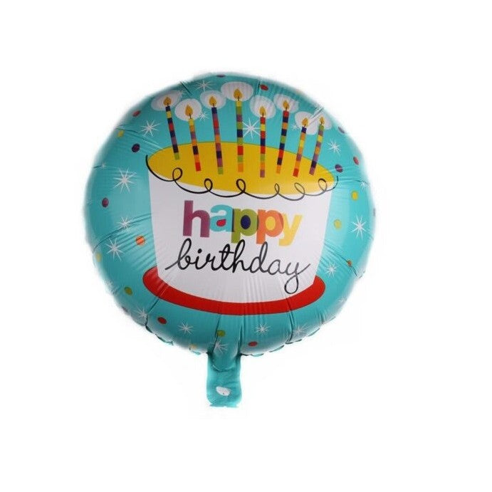 Balon din Folie Metalizata, Flippy, Mini Figurina Rotunda, Model Happy Birthday Tort, Tema Aniversare, 45 cm, Ambalaj Individual, Pai inclus, Umflare cu Aer sau Heliu, Albastru-0