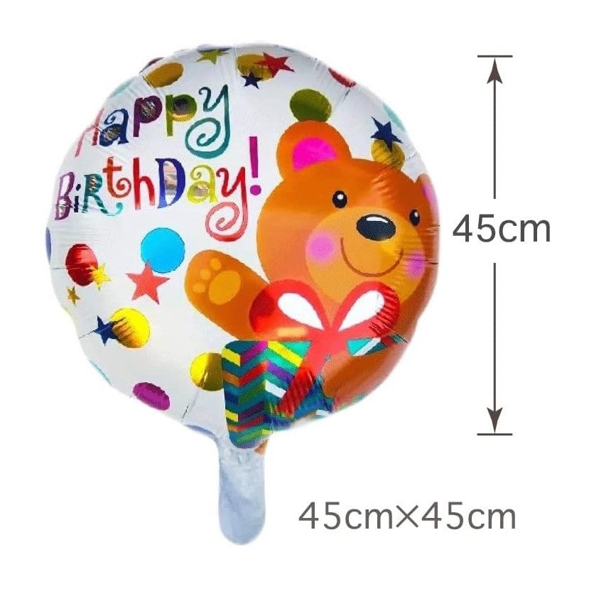 Balon din Folie Metalizata, Flippy, Mini Figurina Rotunda, Model Happy Birthday Ursulet, Tema Aniversare, 45 cm, Ambalaj Individual, Pai inclus, Umflare cu Aer sau Heliu, Maro-1