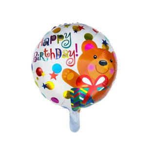 Balon din Folie Metalizata, Flippy, Mini Figurina Rotunda, Model Happy Birthday Ursulet, Tema Aniversare, 45 cm, Ambalaj Individual, Pai inclus, Umflare cu Aer sau Heliu, Maro-0