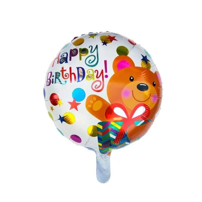 Balon din Folie Metalizata, Flippy, Mini Figurina Rotunda, Model Happy Birthday Ursulet, Tema Aniversare, 45 cm, Ambalaj Individual, Pai inclus, Umflare cu Aer sau Heliu, Maro-0