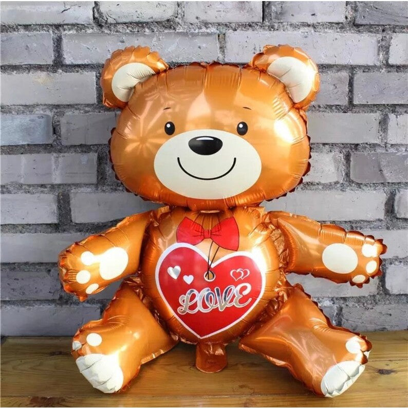 Balon din Folie Metalizata, Flippy, Figurina Urs, Model Love, Tema Ziua Indragostitilor, 60x63cm, Ambalaj Individual, Pai Inclus, Umflare cu Aer sau Heliu, Maro-1