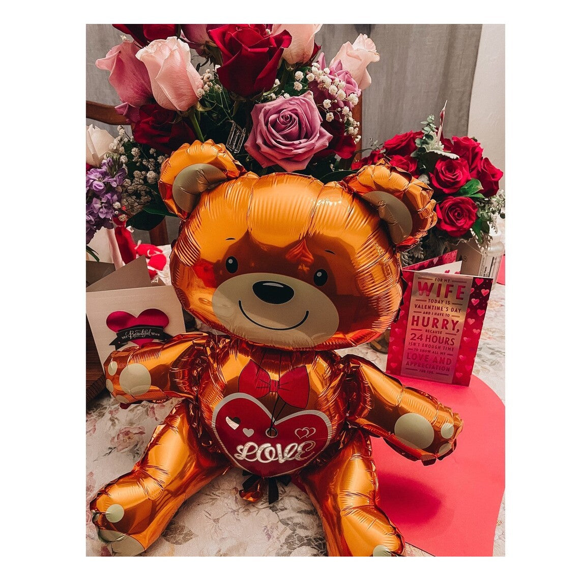 Balon din Folie Metalizata, Flippy, Figurina Urs, Model Love, Tema Ziua Indragostitilor, 60x63cm, Ambalaj Individual, Pai Inclus, Umflare cu Aer sau Heliu, Maro-2