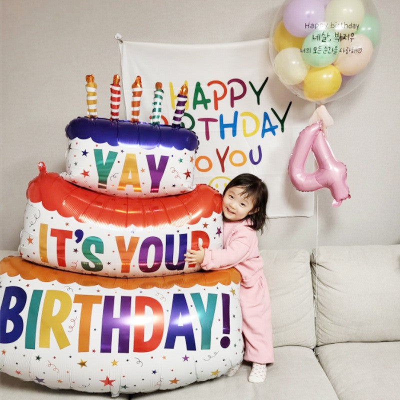 Balon din Folie Metalizata, Flippy, Model Tort cu 3 Straturi, Balon Aniversar, Model Birthday Cake, 102x62 cm, Ambalaj Individual, Pai inclus, Multicolor-1