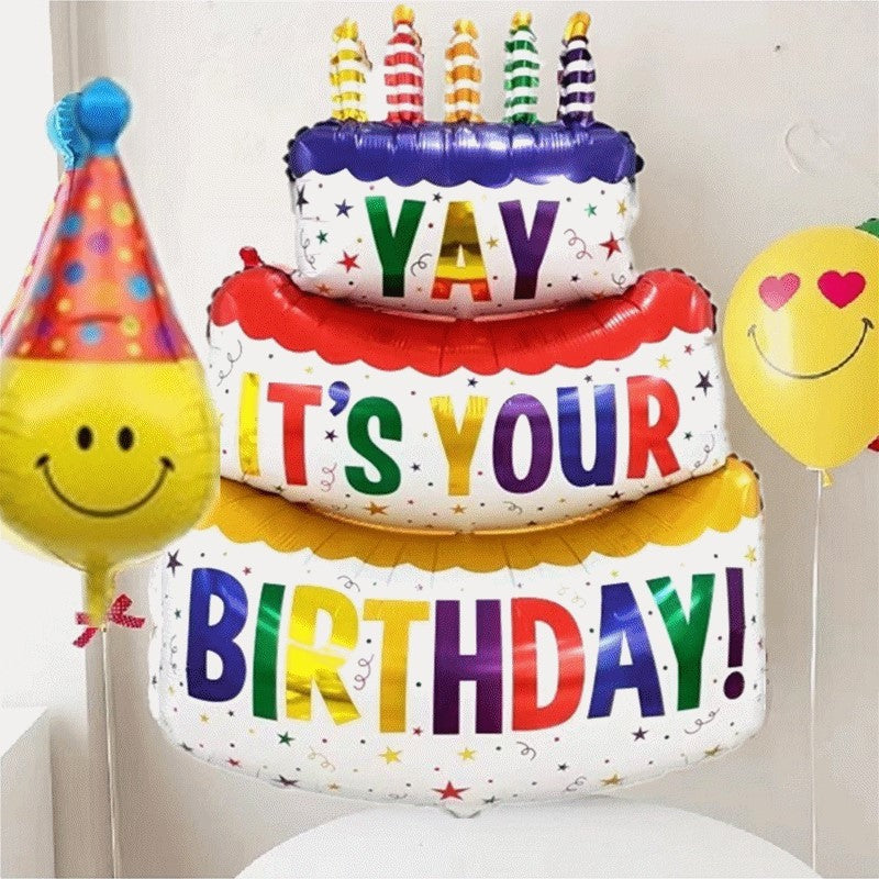Balon din Folie Metalizata, Flippy, Model Tort cu 3 Straturi, Balon Aniversar, Model Birthday Cake, 102x62 cm, Ambalaj Individual, Pai inclus, Multicolor-2