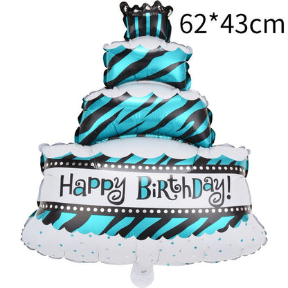 Balon din Folie Metalizata, Flippy, Model Tort cu 4 Straturi, Balon Aniversar, Model Happy Birthday, 62x43 cm, Ambalaj Individual, Pai inclus,  Albastru-1