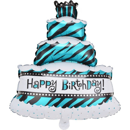 Balon din Folie Metalizata, Flippy, Model Tort cu 4 Straturi, Balon Aniversar, Model Happy Birthday, 62x43 cm, Ambalaj Individual, Pai inclus,  Albastru-0