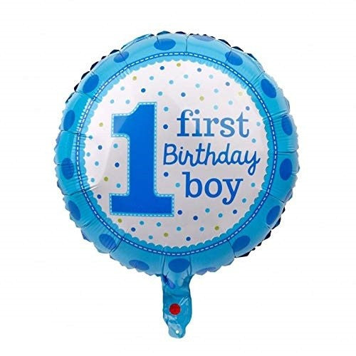 Balon din Folie Metalizata, Flippy, Prima Aniversare, Model First Birthday Boy, 45 cm, Ambalaj Individual, Pai Inclus, Albastru-1