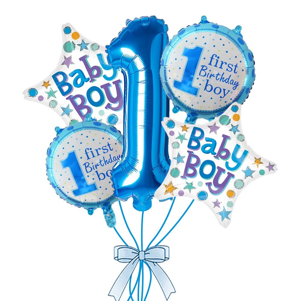 Balon din Folie Metalizata, Flippy, Prima Aniversare, Model First Birthday Boy, 45 cm, Ambalaj Individual, Pai Inclus, Albastru-2