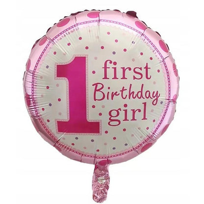 Balon din Folie Metalizata, Flippy, Prima Aniversare, Model First Birthday Girl, 45 cm, Ambalaj Individual, Pai Inclus, Roz-1