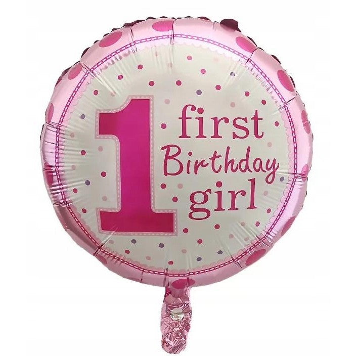 Balon din Folie Metalizata, Flippy, Prima Aniversare, Model First Birthday Girl, 45 cm, Ambalaj Individual, Pai Inclus, Roz-1