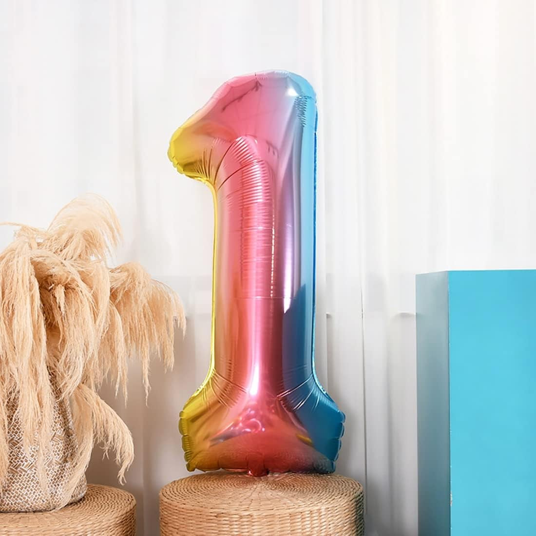 Balon din Folie Metalizata Gradient Flippy, Figurina Cifra, Tema Aniversare 100 cm, Ambalaj Individual, Pai inclus, Umflare cu Aer sau Heliu, Multicolor, Cifra 1-2