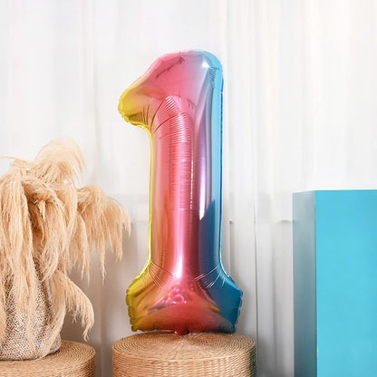Balon din Folie Metalizata Gradient Flippy, Figurina Cifra, Tema Aniversare 100 cm, Ambalaj Individual, Pai inclus, Umflare cu Aer sau Heliu, Multicolor, Cifra 1-2