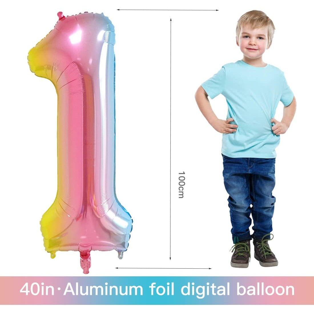 Balon din Folie Metalizata Gradient Flippy, Figurina Cifra, Tema Aniversare 100 cm, Ambalaj Individual, Pai inclus, Umflare cu Aer sau Heliu, Multicolor, Cifra 1-3