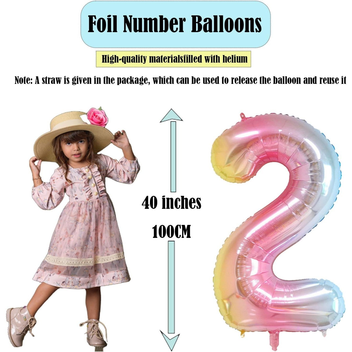 Balon din Folie Metalizata Gradient Flippy, Figurina Cifra, Tema Aniversare 100 cm, Ambalaj Individual, Pai inclus, Umflare cu Aer sau Heliu, Multicolor, Cifra 2-2