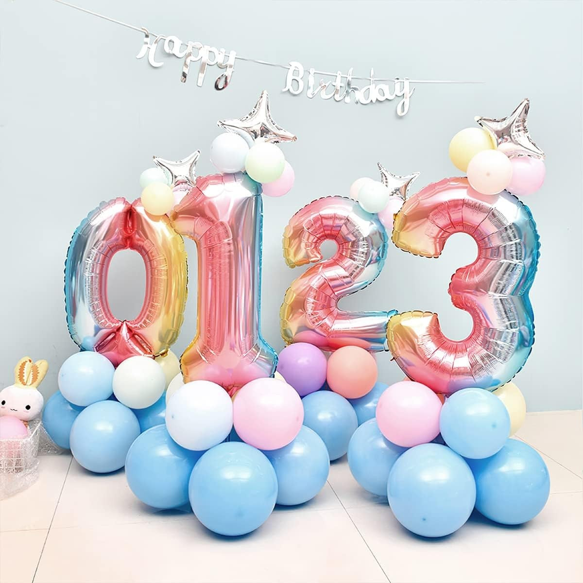 Balon din Folie Metalizata Gradient Flippy, Figurina Cifra, Tema Aniversare 100 cm, Ambalaj Individual, Pai inclus, Umflare cu Aer sau Heliu, Multicolor, Cifra 3-4