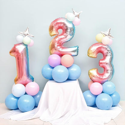 Balon din Folie Metalizata Gradient Flippy, Figurina Cifra, Tema Aniversare 100 cm, Ambalaj Individual, Pai inclus, Umflare cu Aer sau Heliu, Multicolor, Cifra 3-5