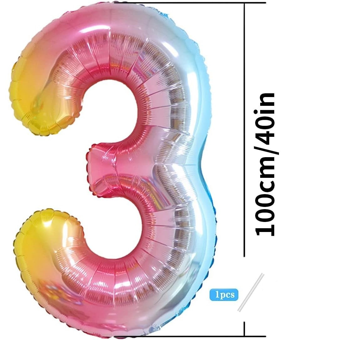 Balon din Folie Metalizata Gradient Flippy, Figurina Cifra, Tema Aniversare 100 cm, Ambalaj Individual, Pai inclus, Umflare cu Aer sau Heliu, Multicolor, Cifra 3-8