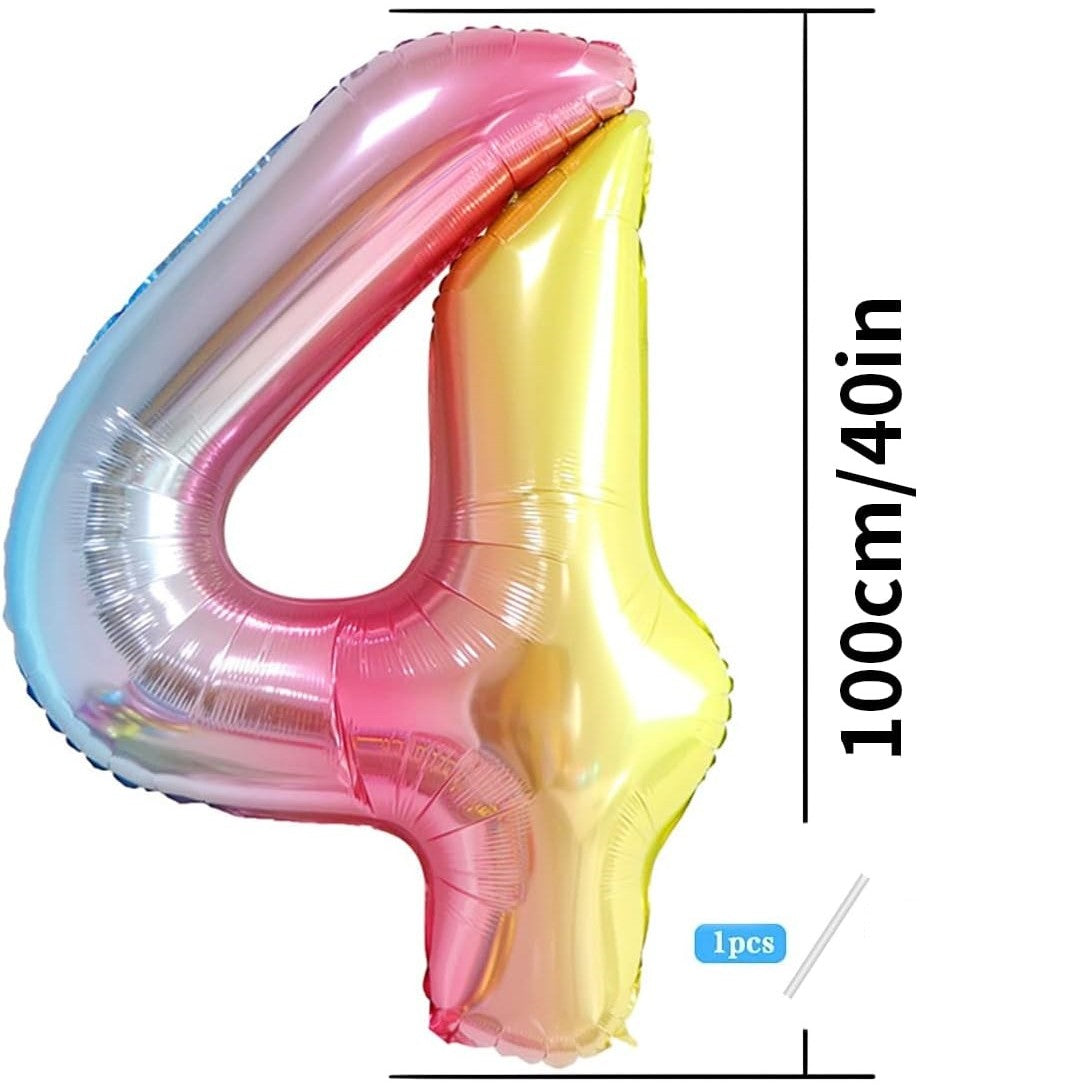 Balon din Folie Metalizata Gradient Flippy, Figurina Cifra, Tema Aniversare 100 cm, Ambalaj Individual, Pai inclus, Umflare cu Aer sau Heliu, Multicolor, Cifra 4-4