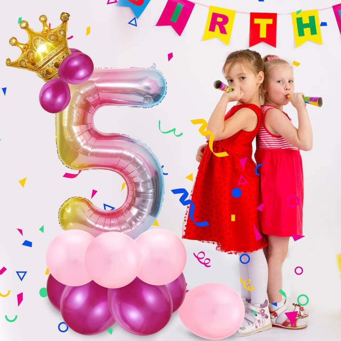 Balon din Folie Metalizata Gradient Flippy, Figurina Cifra, Tema Aniversare 100 cm, Ambalaj Individual, Pai inclus, Umflare cu Aer sau Heliu, Multicolor, Cifra 5-3