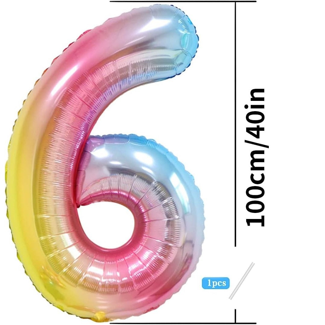 Balon din Folie Metalizata Gradient Flippy, Figurina Cifra, Tema Aniversare 100 cm, Ambalaj Individual, Pai inclus, Umflare cu Aer sau Heliu, Multicolor, Cifra 6-2