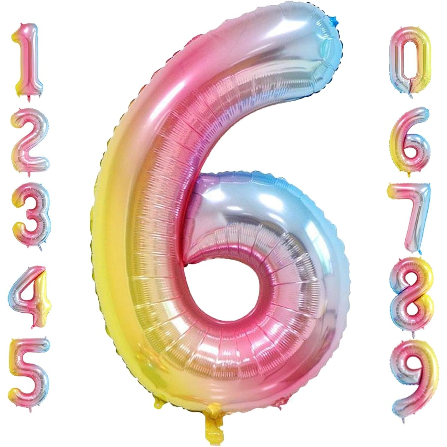 Balon din Folie Metalizata Gradient Flippy, Figurina Cifra, Tema Aniversare 100 cm, Ambalaj Individual, Pai inclus, Umflare cu Aer sau Heliu, Multicolor, Cifra 6-3
