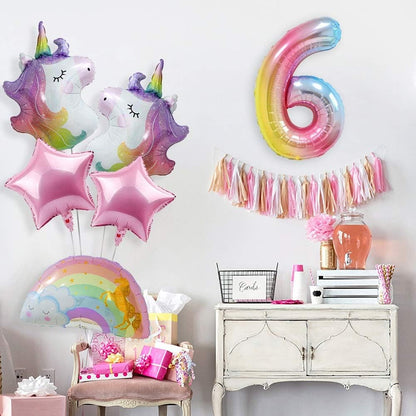 Balon din Folie Metalizata Gradient Flippy, Figurina Cifra, Tema Aniversare 100 cm, Ambalaj Individual, Pai inclus, Umflare cu Aer sau Heliu, Multicolor, Cifra 6-4